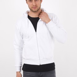Erkek Beyaz Fermuarlı Kapüşonlu Sweatshirt