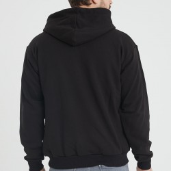 Erkek Siyah Beyaz Deri Parçalı Fermuarlı Kapüşonlu Sweatshirt