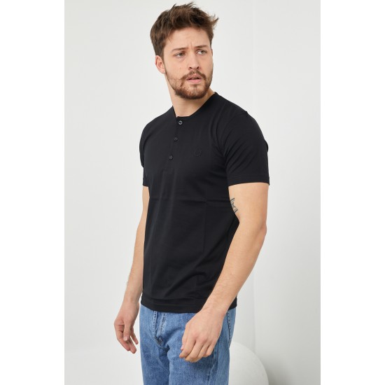Erkek Düğmeli Merserize Siyah T-shirt