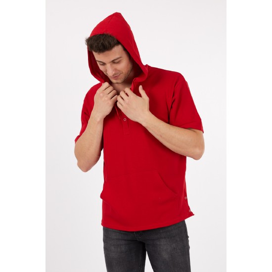 Erkek Kırmızı Kapüşonlu Rahat Kesim Kanguru Cepli Kısa Kollu Pike T-shirt