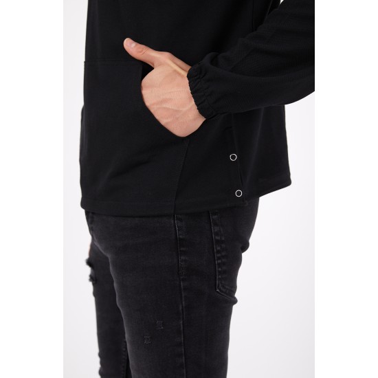 Erkek Siyah Kapüşonlu Rahat Kesim Kanguru Cepli Uzun Kollu Pike T-shirt