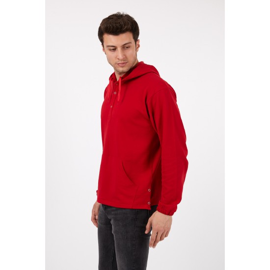 Erkek Kırmızı Kapüşonlu Rahat Kesim Kanguru Cepli Uzun Kollu Pike T-shirt