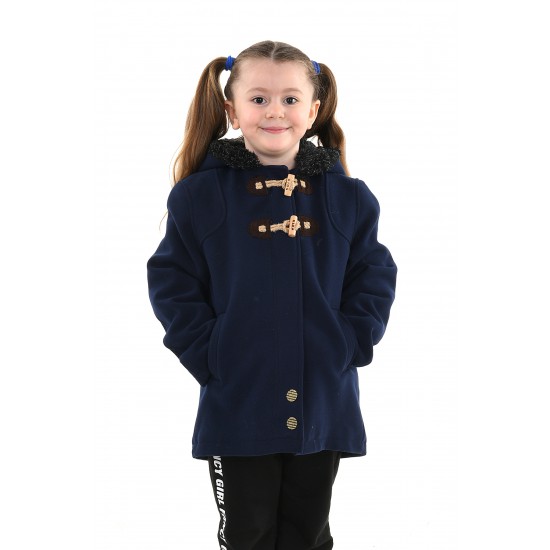Kız Çocuk Lacivert Kapüşonlu Kaşe Palto 