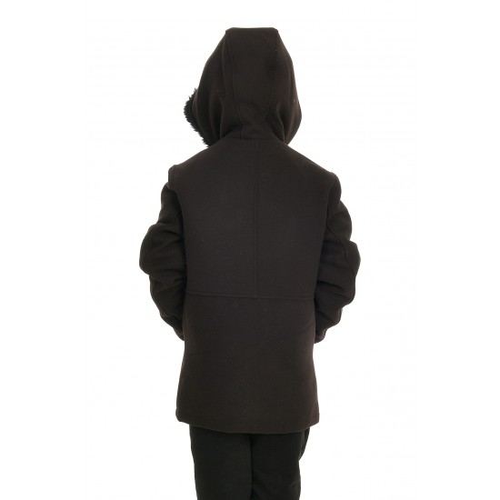  Kız Çocuk Koyu Kahverengi Kapüşonlu Kaşe Palto